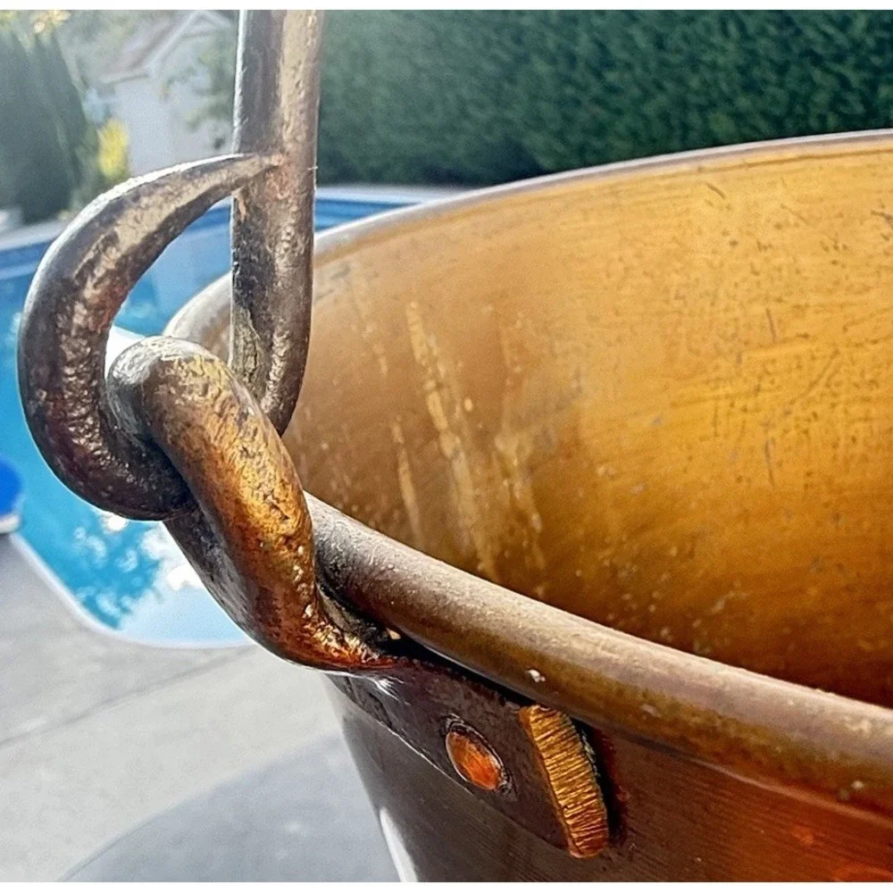 Antique Spun Brass Kettle No4 Wrought Iron Handle Primitive Early American 1800s